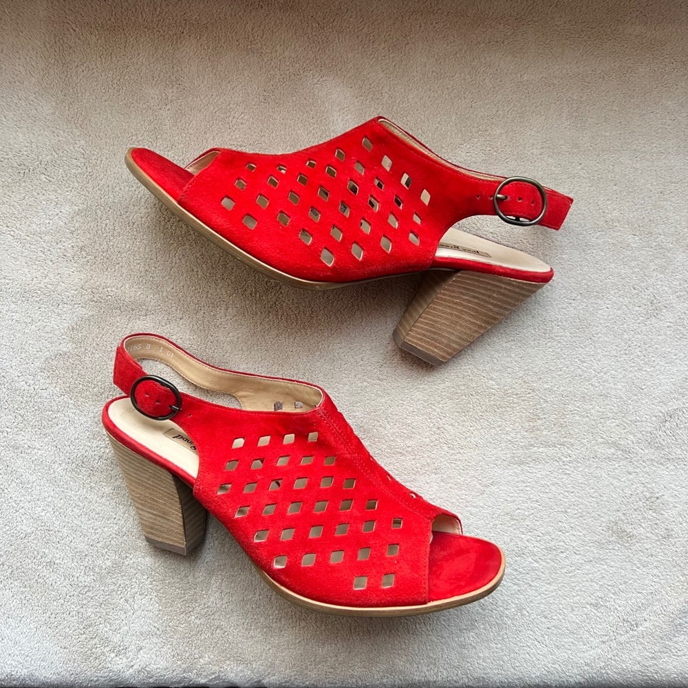 Paul Green Women 10.5 UK 8 Red Suede Perforated Slingback‎ Block Heel Sandals